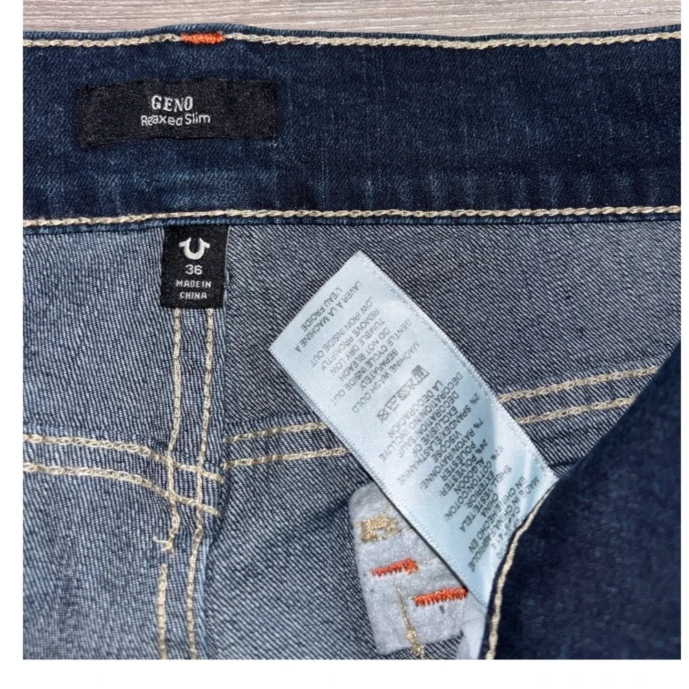 NWOT True Religion Mens 36 Geno Relaxed Slim Jeans Dark Wash Orange Stitch Y2K